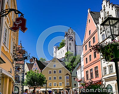 FUSSEN, Germany- June 11, 2017: The Wonderful Historical Town Fuessen in Bavaria with Blue Sky Editorial Stock Photo