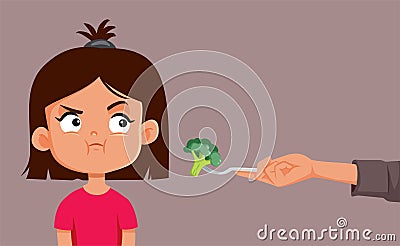 Little Girl Refusing to Eat Broccoli Vector Cartoon Illustration Vector Illustration