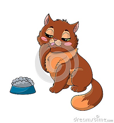 Fussy or picky little cartoon cat eyeing its food Vector Illustration