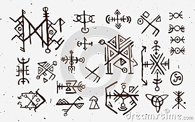 Futhark norse islandic and viking runes set. Magic hand draw symbols as scripted talismans. Vector set of ancient runes Vector Illustration