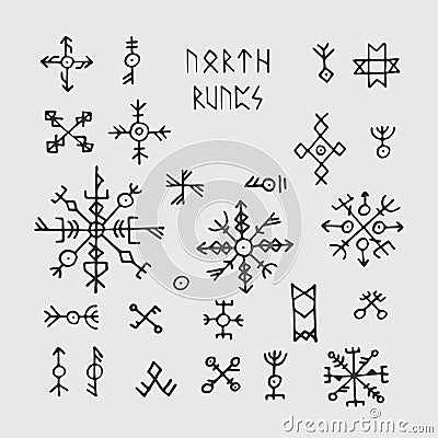 Futhark norse viking runes and talismans. Nordic pagan vector occult symbols for tattoo Vector Illustration