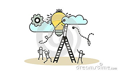Future ahead with man, woman and light bulb vector concept illustration. Business ladder career job challenge. Journey beginning Vector Illustration