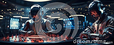 Artificial intelligence-powered robots fulfill the function of remotely managing the operations of an enterprise. Stock Photo