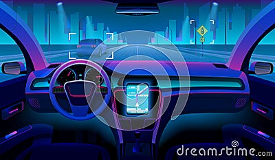 Future autonomous vehicle, driverless car interior with obstacles and night landscape outside. Futuristic car assistant Vector Illustration