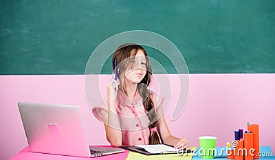 Future career. 4G internet for weblog. small girl pupil with laptop. childhood study online. knowledge day. smart school Stock Photo