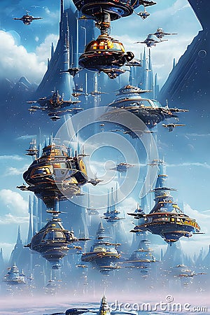 Future city 3D scene. Futuristic cityscape illustration with fantastic skyscrapers, towers, tall buildings, flying vehicles. Cartoon Illustration