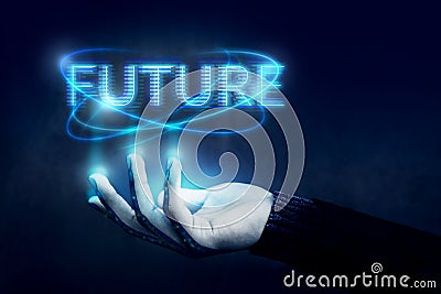Future Concept, Opened Hand Controling Text with Blue Digital Stock Photo