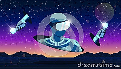 Future digital technology metaverse abstract concept. Man wearing virtual reality glasses in futuristic 3d landscape Vector Illustration