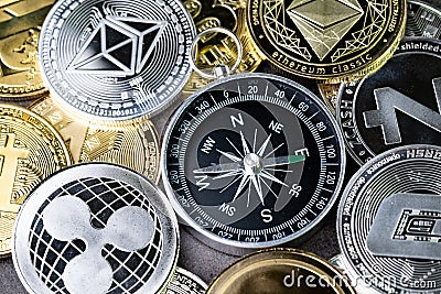 Future direction or forecast of crypto currency price, compass w Editorial Stock Photo