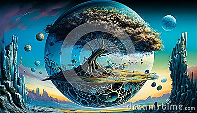 Future Earth: A Surreal and Vibrant Vision of Our Planet in 1000 Years, Made with Generative AI Stock Photo