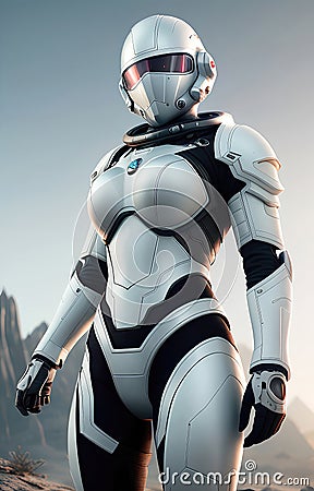 Future female soldier in cybernetic metal full body armor, superhero fantastic and futuristic background. Generative Ai Cartoon Illustration