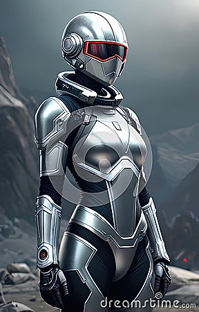 Future female soldier in cybernetic metal full body armor, superhero fantastic and futuristic background. Generative Ai Cartoon Illustration