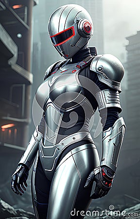 Future female soldier in cybernetic metal full body armor, superhero fantastic and futuristic background. Generative Ai Cartoon Illustration