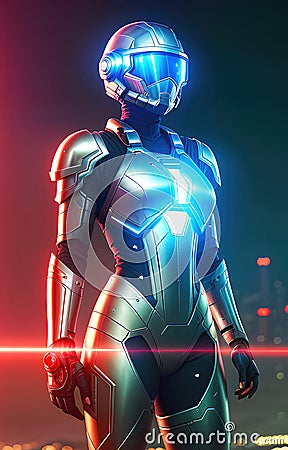 Future female soldier in cybernetic metal full body armor, superhero fantastic and futuristic background. Generative Ai Cartoon Illustration