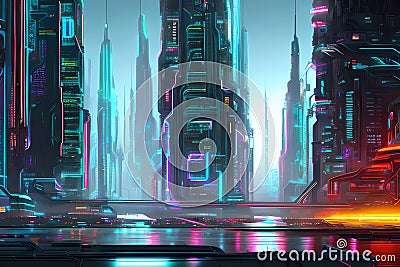 The Future Is Here: A Futuristic Cityscape in a Circuit Cyberspace World with a Striking Aesthetic with Generative AI Stock Photo