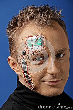 Future human robot with electronic chips and circuit on the head Stock Photo