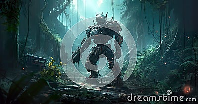 Future illustration of a robot in the dark forest in a very futuristic environment. Cartoon Illustration