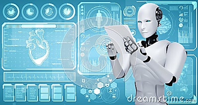 Future medical technology controlled by AI robot using machine learning Cartoon Illustration