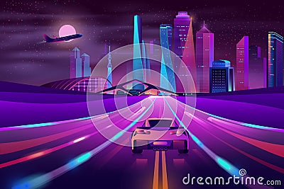 Future metropolis highway neon cartoon vector Vector Illustration