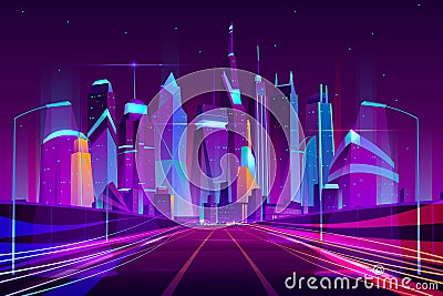 Future metropolis highway neon cartoon vector Vector Illustration