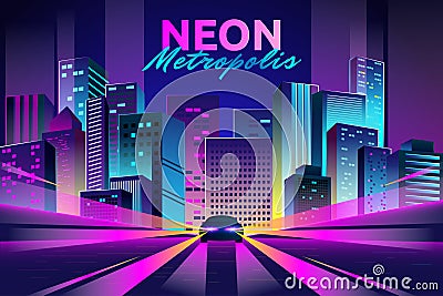 Future neon city. Urban road. Night lights on street cityscape. Blue metropolis landscape. Cyberpunk skyline. Futuristic Vector Illustration