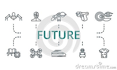 Future outline set. Creative icons: nanobot, cyborg, space tourism, hi-tech weapon, nano contact lenses, cybernetics Vector Illustration