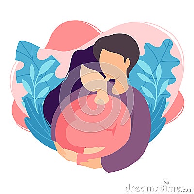 Future parents man and woman are expecting a baby. Couple of husband and wife prepare become parents. Man embracing pregnant woman Vector Illustration