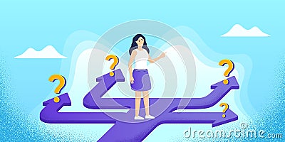 Future path choice. Confused woman with question marks. Right way choice design. Search for career strategy. Vector Vector Illustration