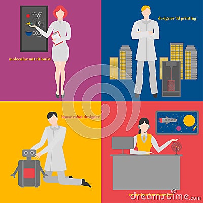 Future professions set. Futuristic occupation. Cosmo tourism manager. Designer home robots. Designer 3 d printing Vector Illustration