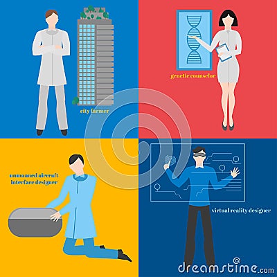 Future professions set. Futuristic occupation. Man with VR headset. Designer Virtual reality. City farmer. Genetic Vector Illustration