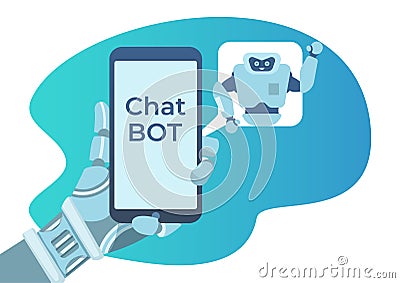 Future robot arm hand hold mobile phone, automatic conversation programming chat bot flat vector illustration, ai neural Vector Illustration
