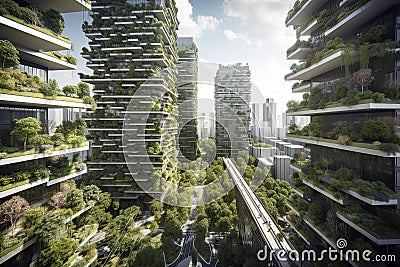 future smart cities, sustainable citys, sustainble highrises with lush planting Stock Photo