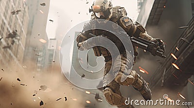 future soldier leaps over debris, digital art illustration, Generative AI Cartoon Illustration