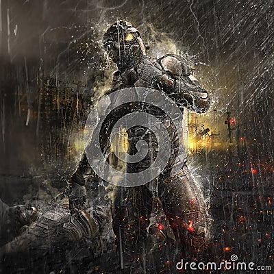 Future soldier in rain Cartoon Illustration