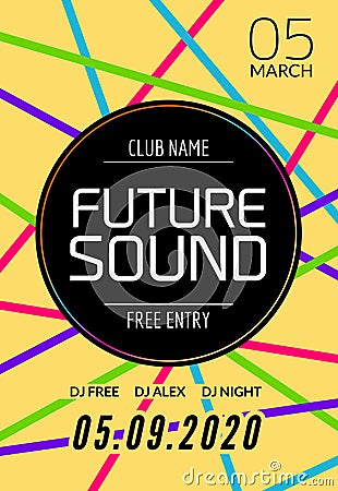 Future sound music party template, dance party flyer, brochure. Night party club creative banner or poster with DJ Vector Illustration