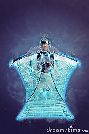 Future. Modern people choose advanced technologies. Skydiving is the sport of the future. Techno. Cartoon Illustration