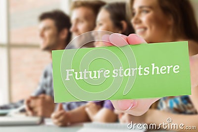 Future starts here against smiling friends students talking and writing Stock Photo