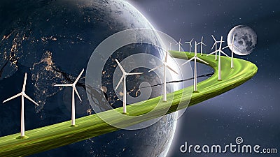 Future sustainable energy concept, wind turbines generating electricity on planetary ring around earth Stock Photo