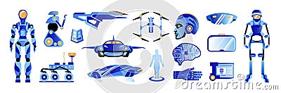 Future technologies color set of planet rover holograms virtual reality gloves chip implants droids drones isolated icons vector Vector Illustration