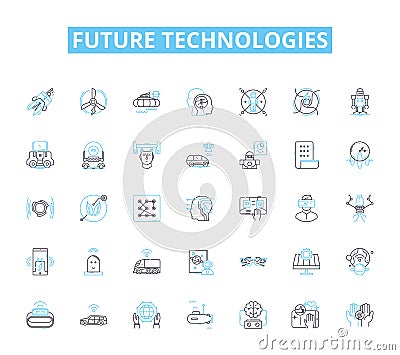 Future technologies linear icons set. Robotics, Drs, Augmented Reality, Virtual Reality, Biotechnology, Nanotechnology Vector Illustration
