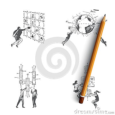 Future technologies - people pushing buttons, looking at screens and exploring technologies of future vector concept set Vector Illustration