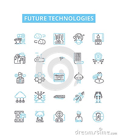 Future technologies vector line icons set. AI, Robotics, BigData, Blockchain, Cybersecurity, Quantum, Augmented Vector Illustration