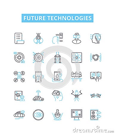 Future technologies vector line icons set. AI, Robotics, BigData, Blockchain, Cybersecurity, Quantum, Augmented Vector Illustration
