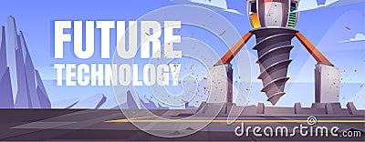 Future technology cartoon banner with drilling rig Vector Illustration