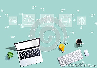 Future technology concept with computers with a light bulb Stock Photo