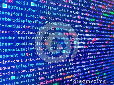 Future technology creation process. Developer working on software codes in office. Hi-tech modern screen of data, digits and chars Stock Photo