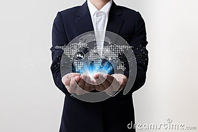 Businessman holding worldwide network symbols Stock Photo