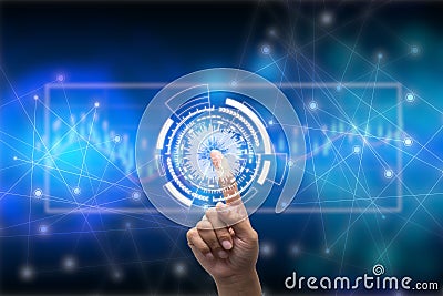 Future of technology network concept,Businessman holding worldwide network symbol and graphical interface. Stock Photo