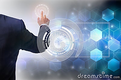 Future of technology network concept,Businessman holding worldwide network symbol and graphical interface. Stock Photo