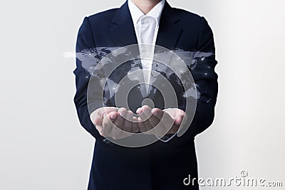Future of technology network concept,Businessman holding worldwide network. Stock Photo